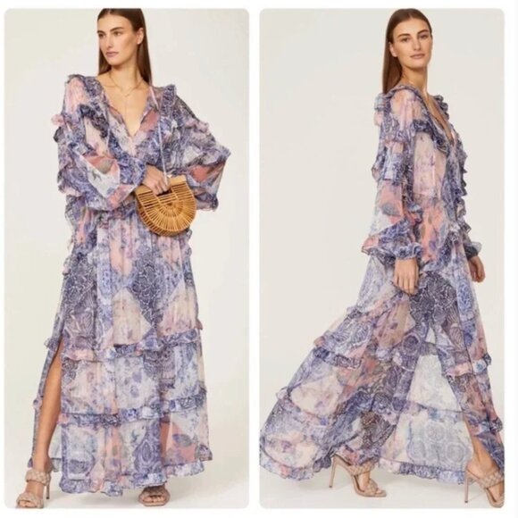 NWT! MISA Los Angelas Women's Persephone Chiffon Ruffle Maxi Dress XS